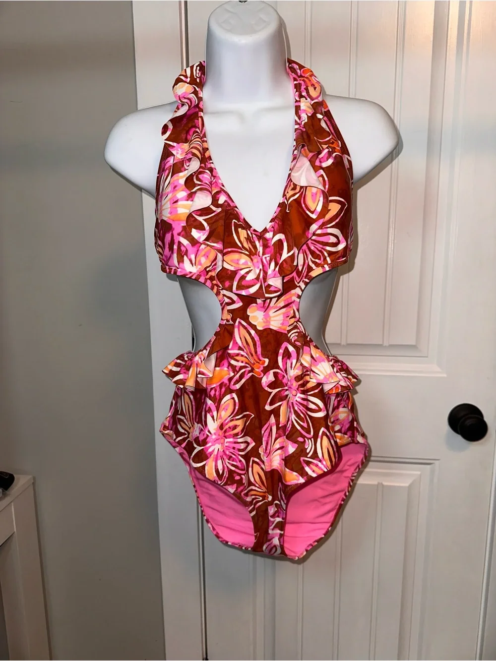 NWT Aerie Size Large Floral Halter Cutout One-Piece Swimsuit Ruffles Pink Brown